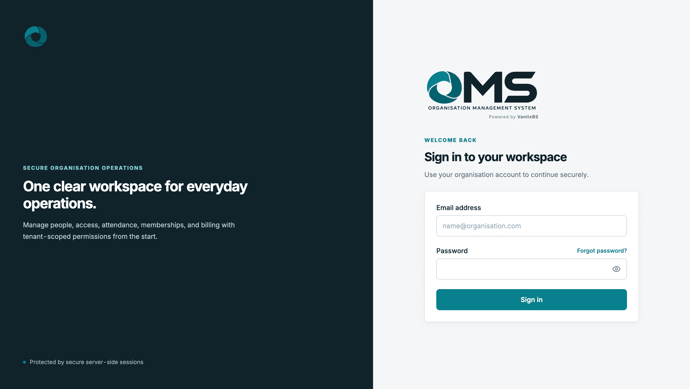 OMS sign-in page with Organisation workspace login and VantixBS product branding